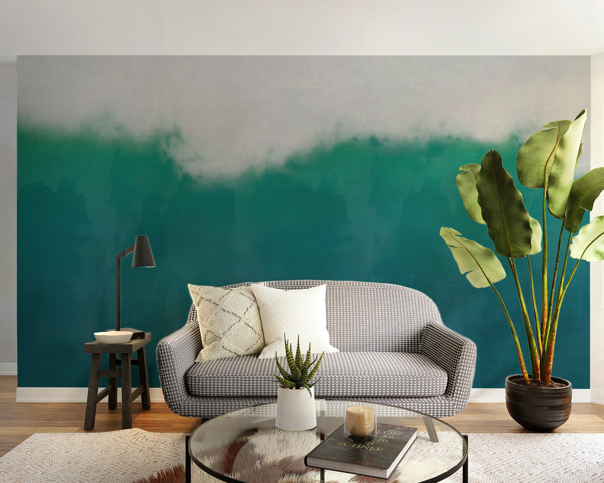 Serene watercolor beach mural with gentle waves and sky
