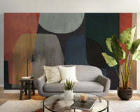 Abstract art mural with a mix of vivid colors and unique forms
