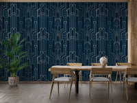 Removable blue Deco wallpaper with silver details.