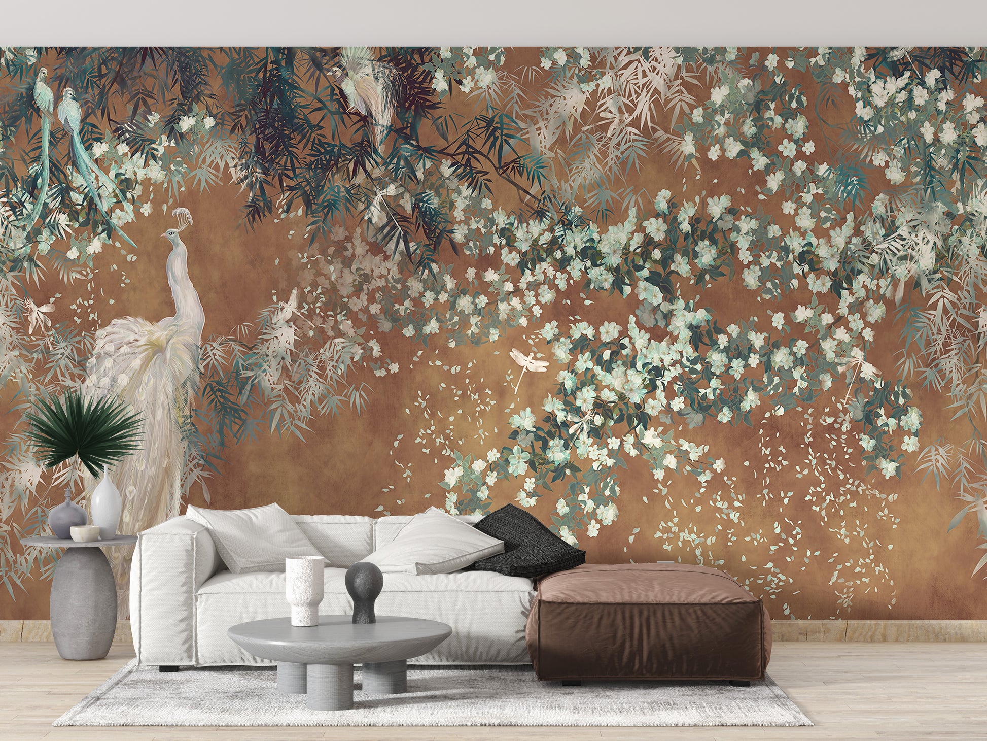 Lush floral garden with an elegant peacock mural