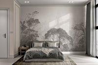 Rustic misty forest mural with a grunge-style finish