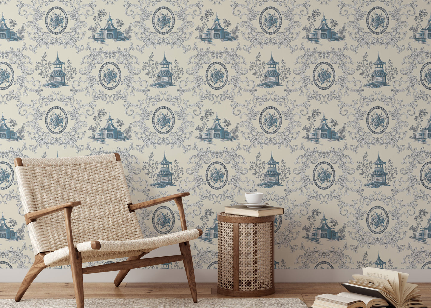 Blue Rose Flower House and Baroque Swirls Toile Wallpaper