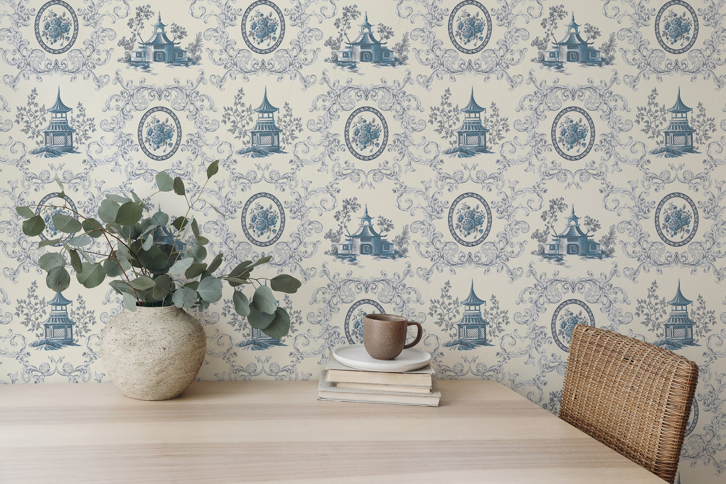 Blue Rose Flower House and Baroque Swirls Toile Wallpaper