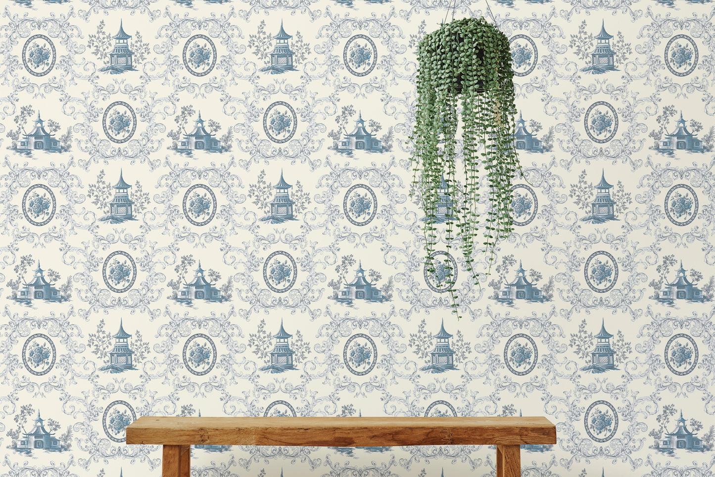 Blue Rose Flower House and Baroque Swirls Toile Wallpaper