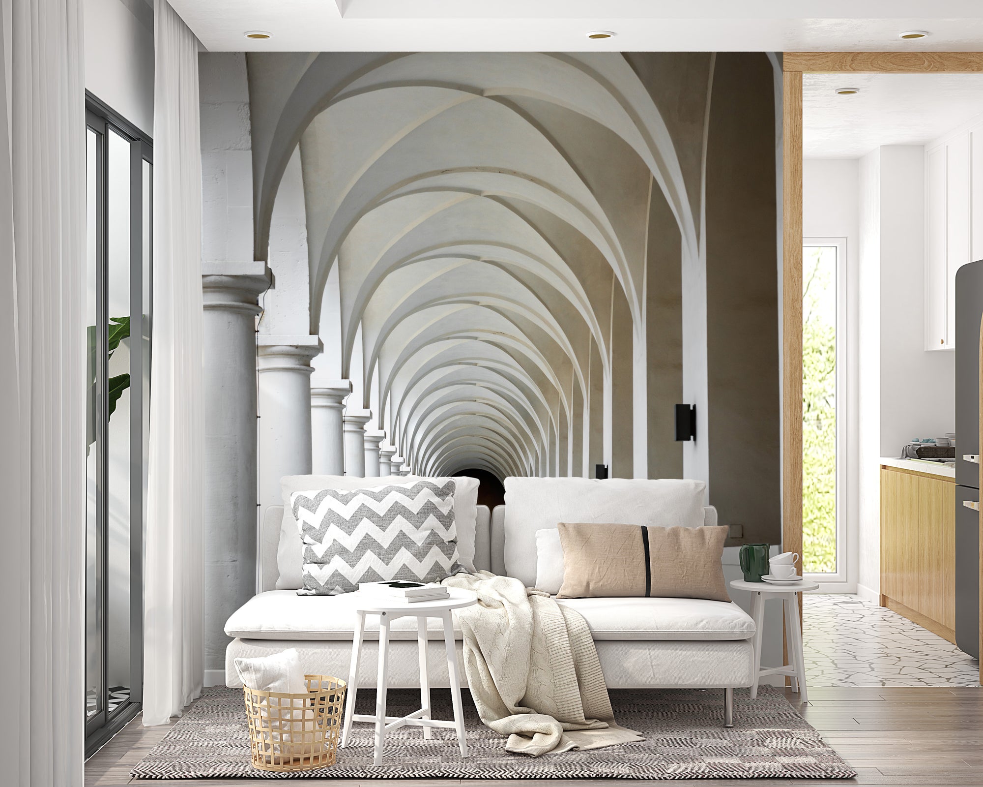 Architectural arch tunnel wall mural with grand columns
