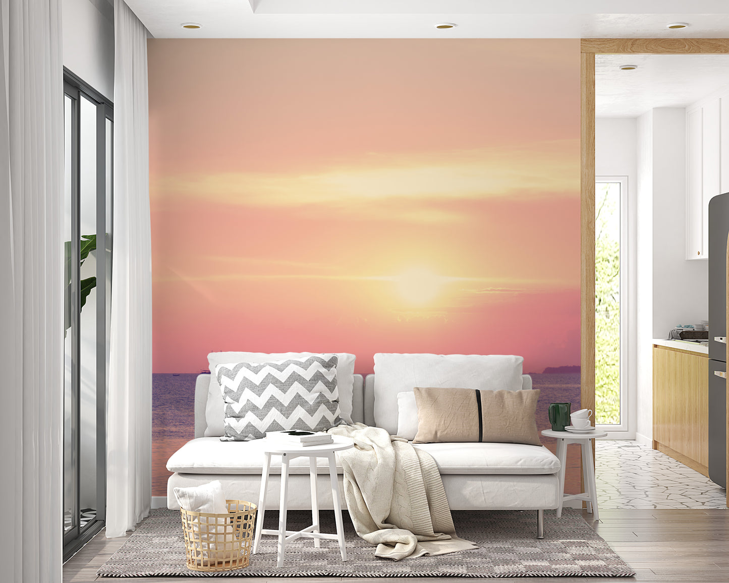 Soft pink ocean sunset wall covering
