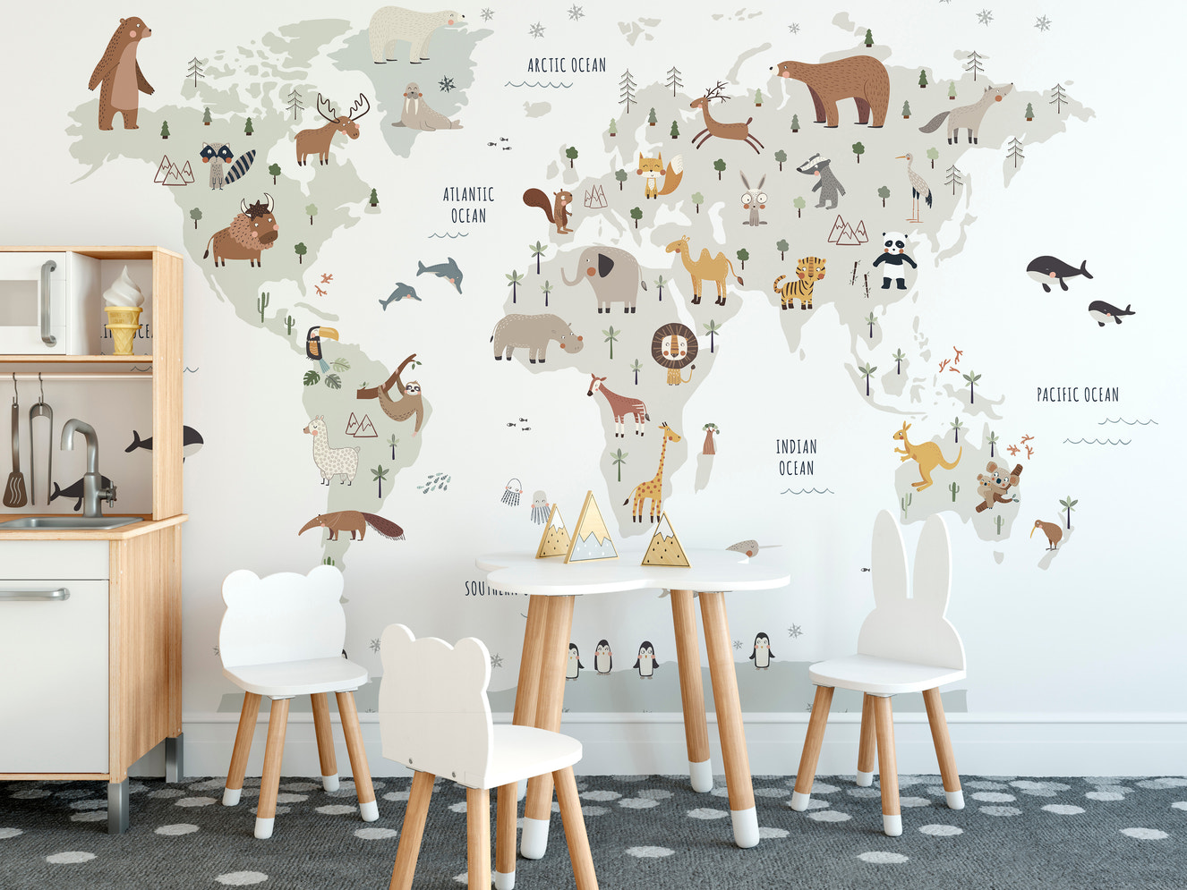 White world map mural featuring animals for wall decor