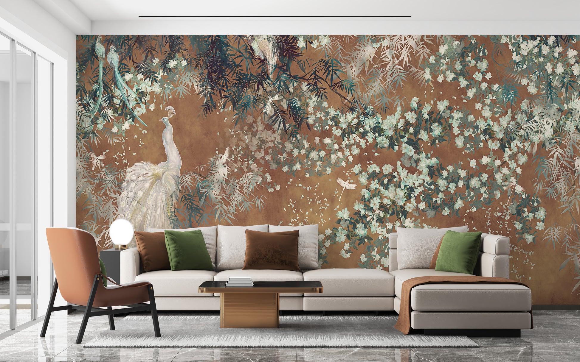 Sophisticated garden mural featuring a regal peacock
