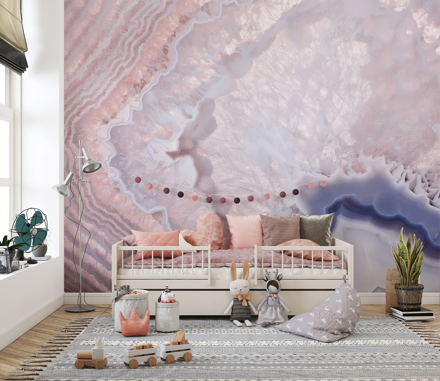 Rose quartz-themed mural with soft, pastel pink and blush tones
