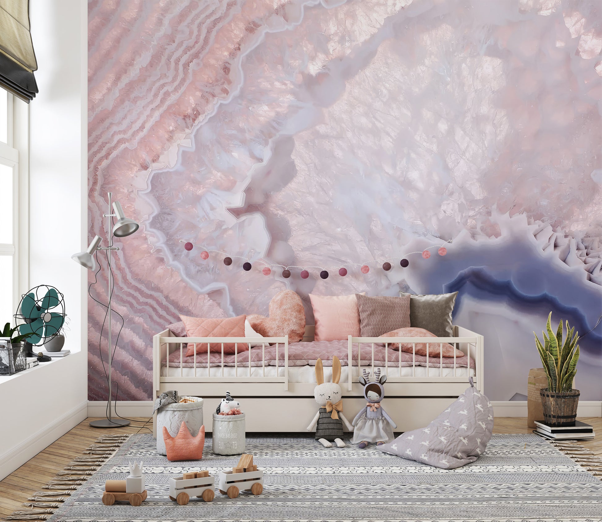 Rose quartz-themed mural with soft, pastel pink and blush tones
