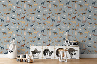 Wall decor with a blue pattern of different dog breeds
