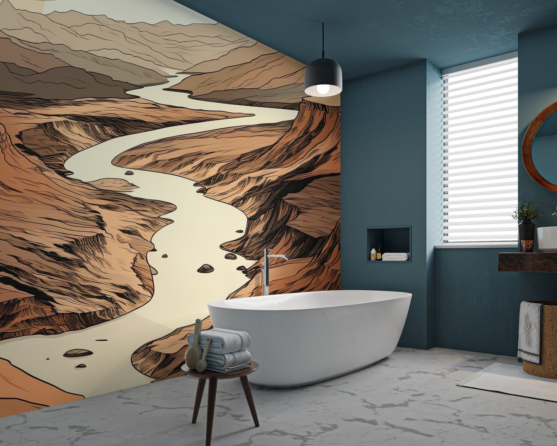 Arid landscape with flowing river and rocky terrain