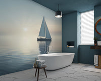 Soft blue water mural with a peaceful sailing scene