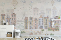 Playful wallpaper featuring streets and landmarks from an old city
