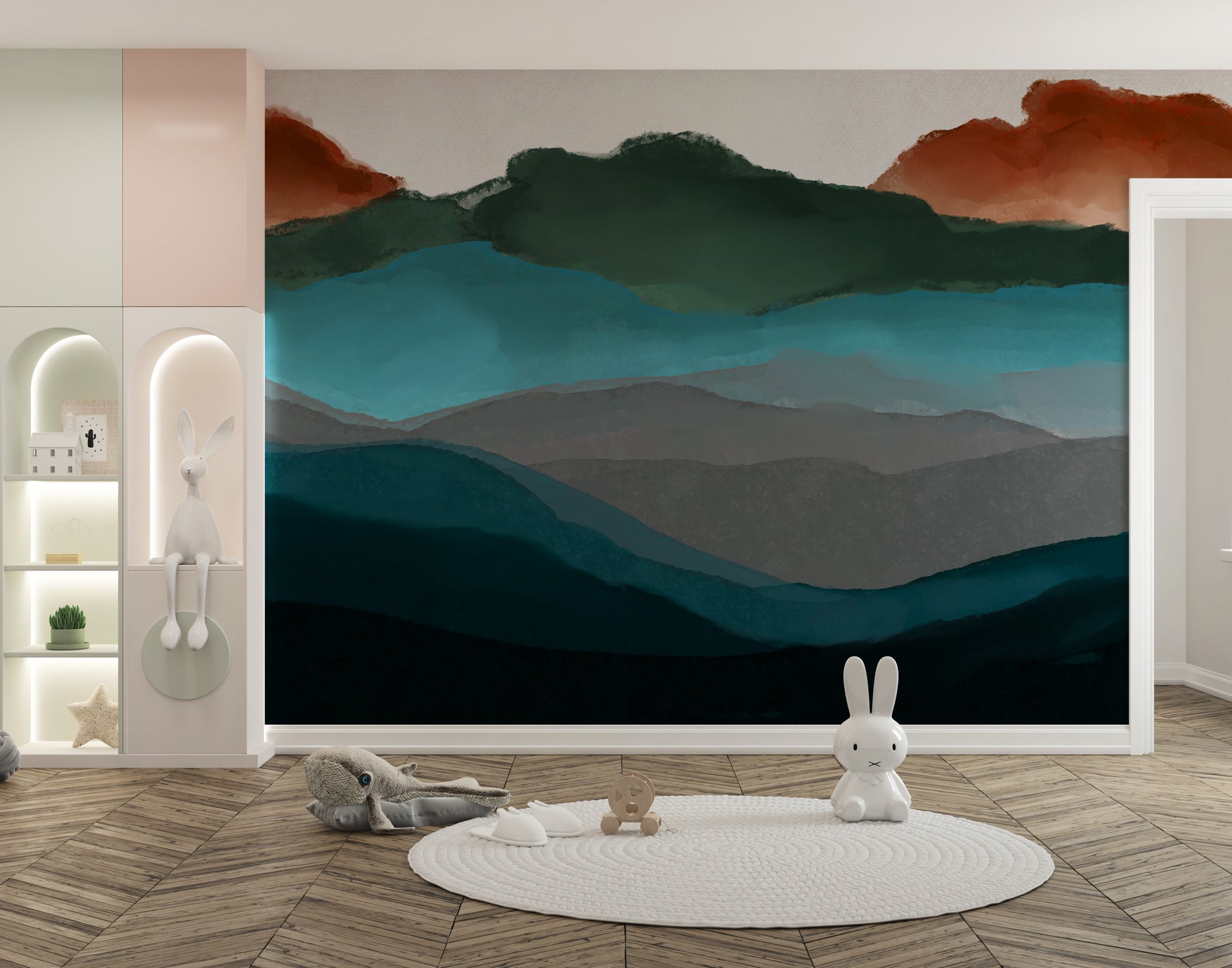 Mountain landscape mural with sunset tones
