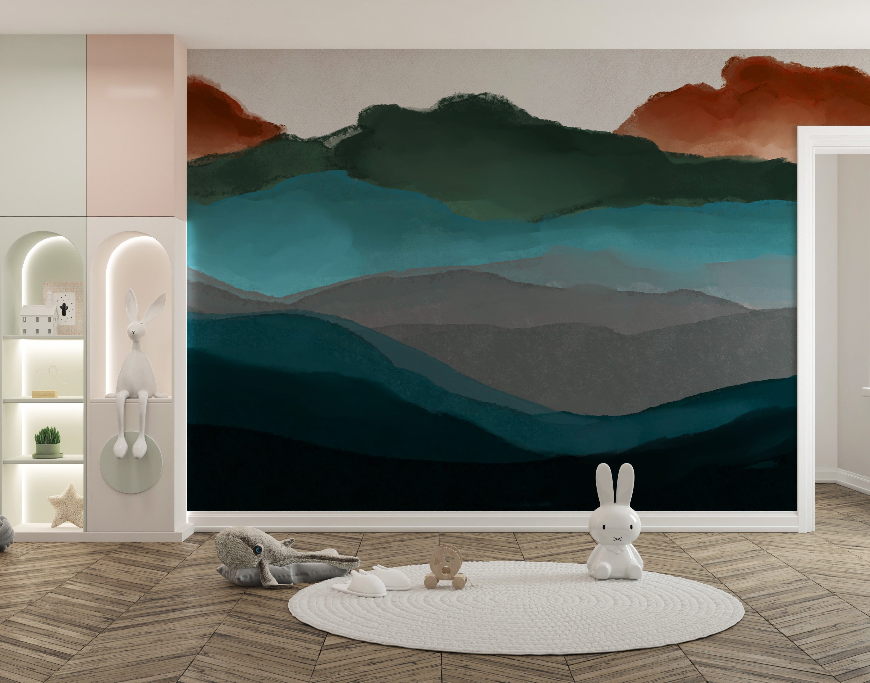 Mountain landscape mural with sunset tones
