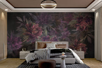 Moody botanical wallpaper featuring deep-toned flowers
