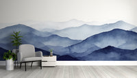 Soft misty blue mountain mural for serene wall decor
