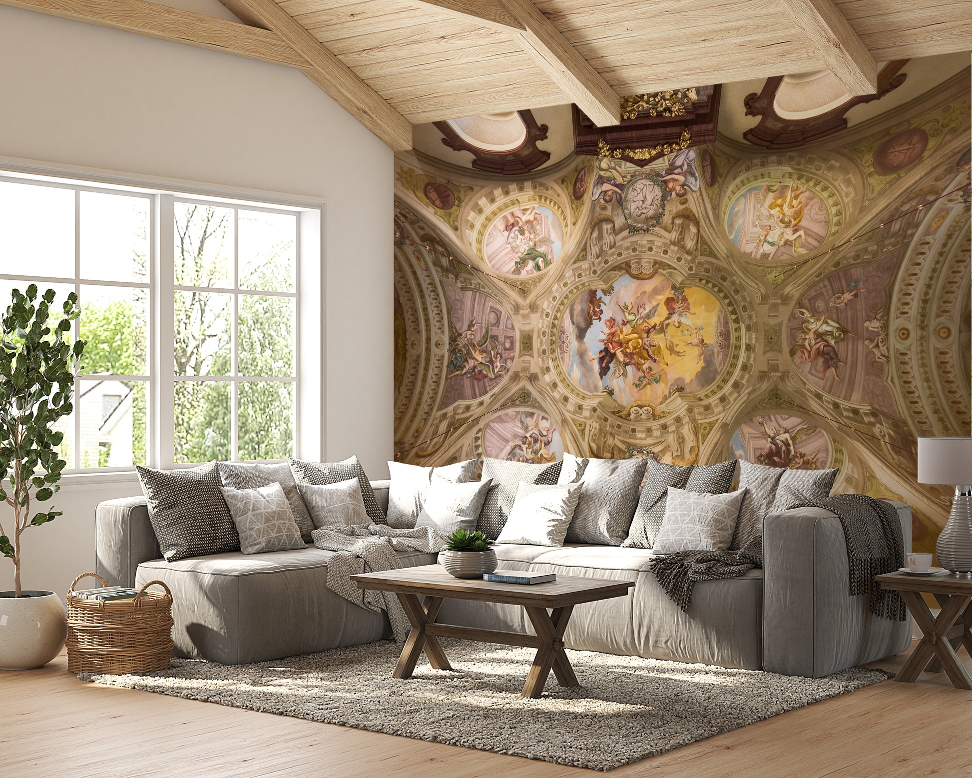 Decorative fresco-style ceiling wallpaper
