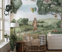 Artistic mural featuring playful bears and buzzing bees.
