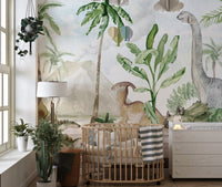 Vibrant wall decor with a prehistoric watercolor landscape
