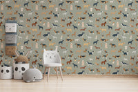 Bold safari green wallpaper with dog breed illustrations
