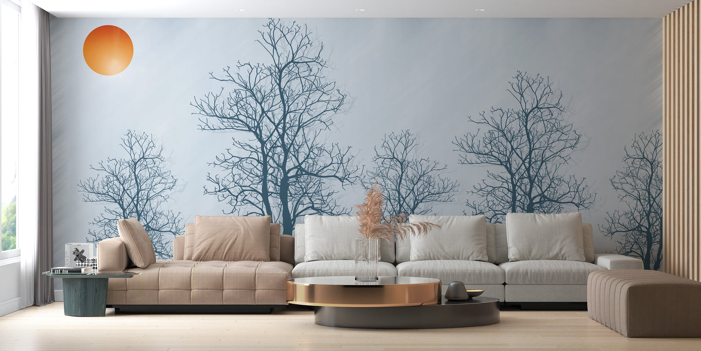 Gray Forest Crimson Sun Wallpaper Mural