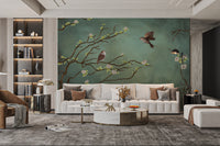 Nature-inspired mural with sparrows and floral accents
