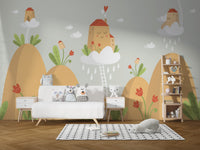 Serene mountain mural with natural hues
