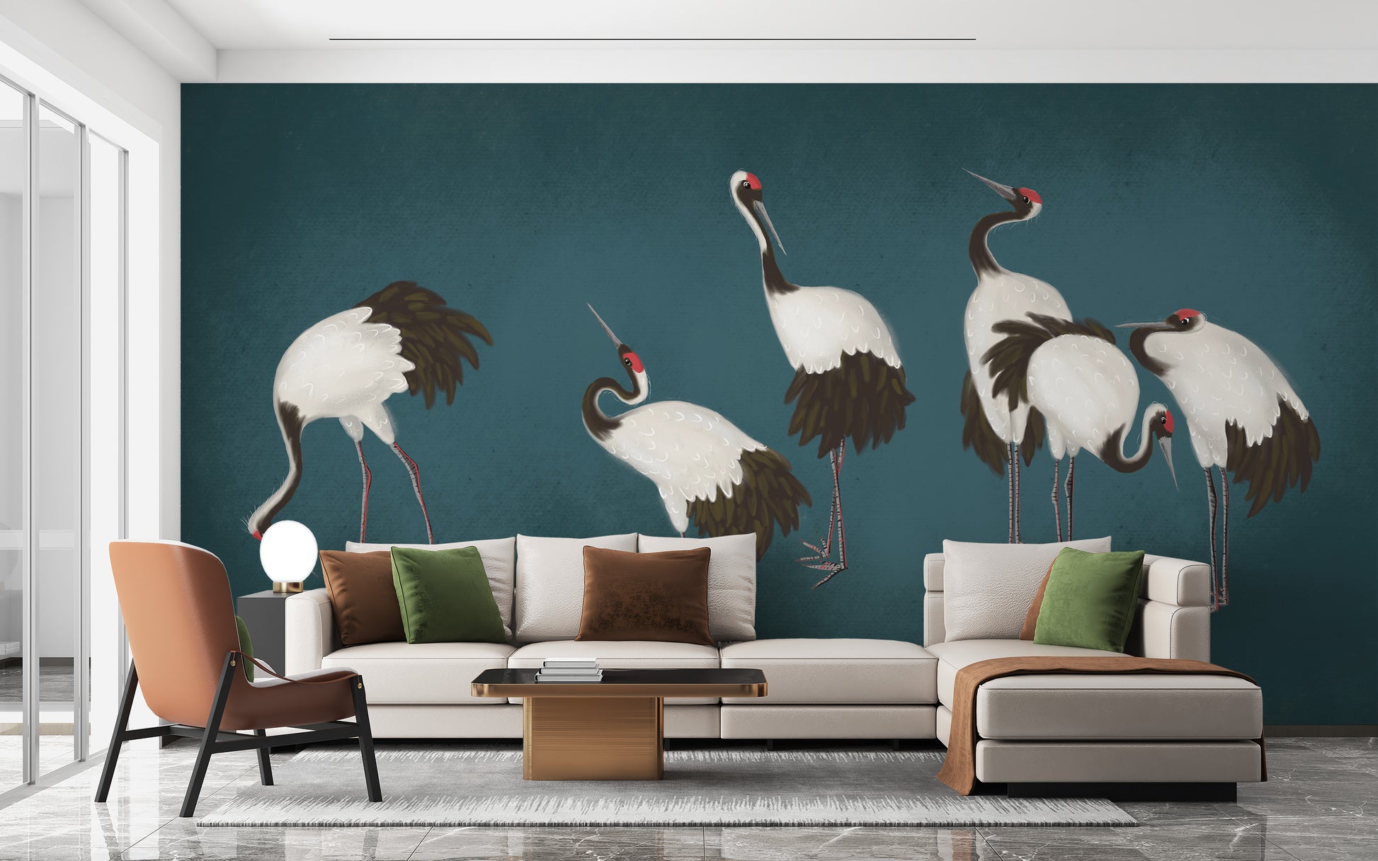 Peaceful crane dance mural for tranquil walls.

