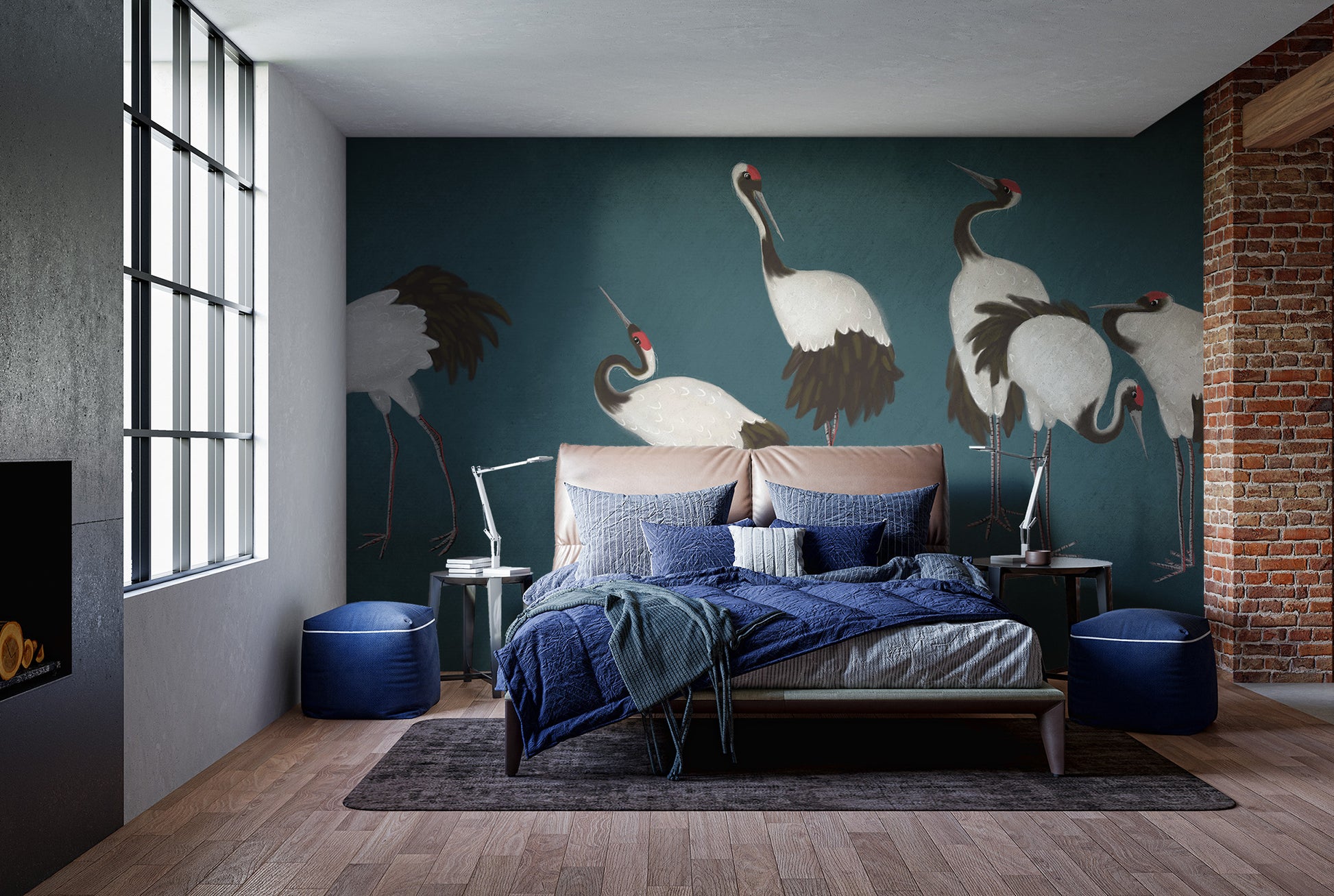 Scenic serene crane dance mural for decor.
