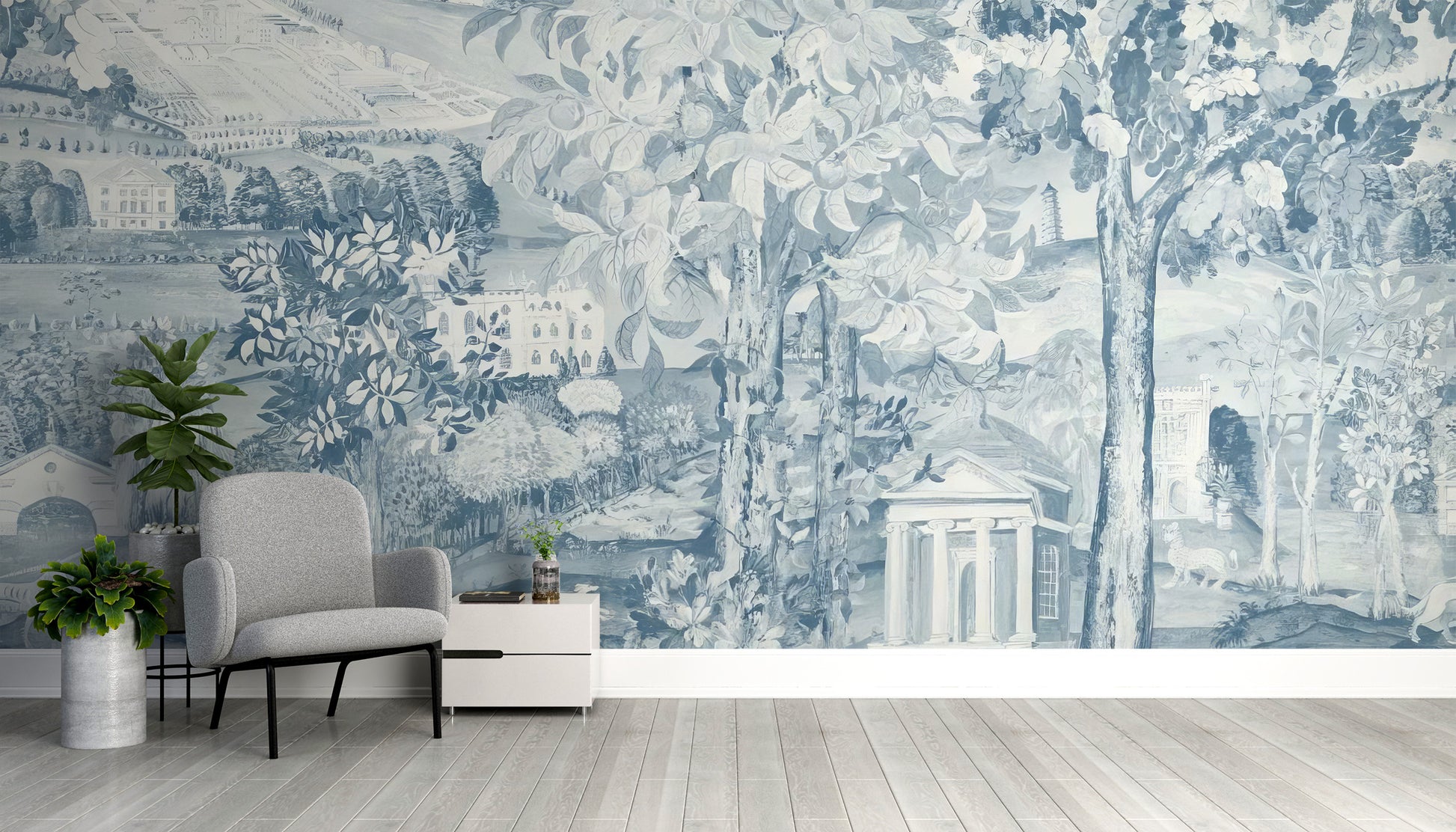 Graceful blue Zoffany scene mural for refined home spaces



