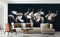 Nature-inspired white cranes mural for walls.
