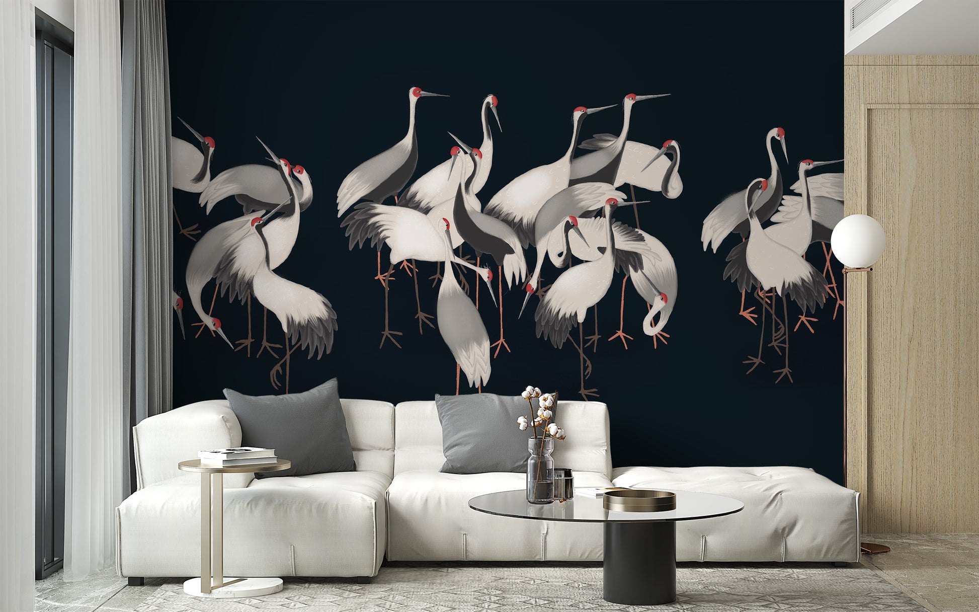 Sophisticated white cranes gathering wall mural.
