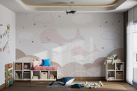 Peaceful wall art featuring sleepy whales and sky