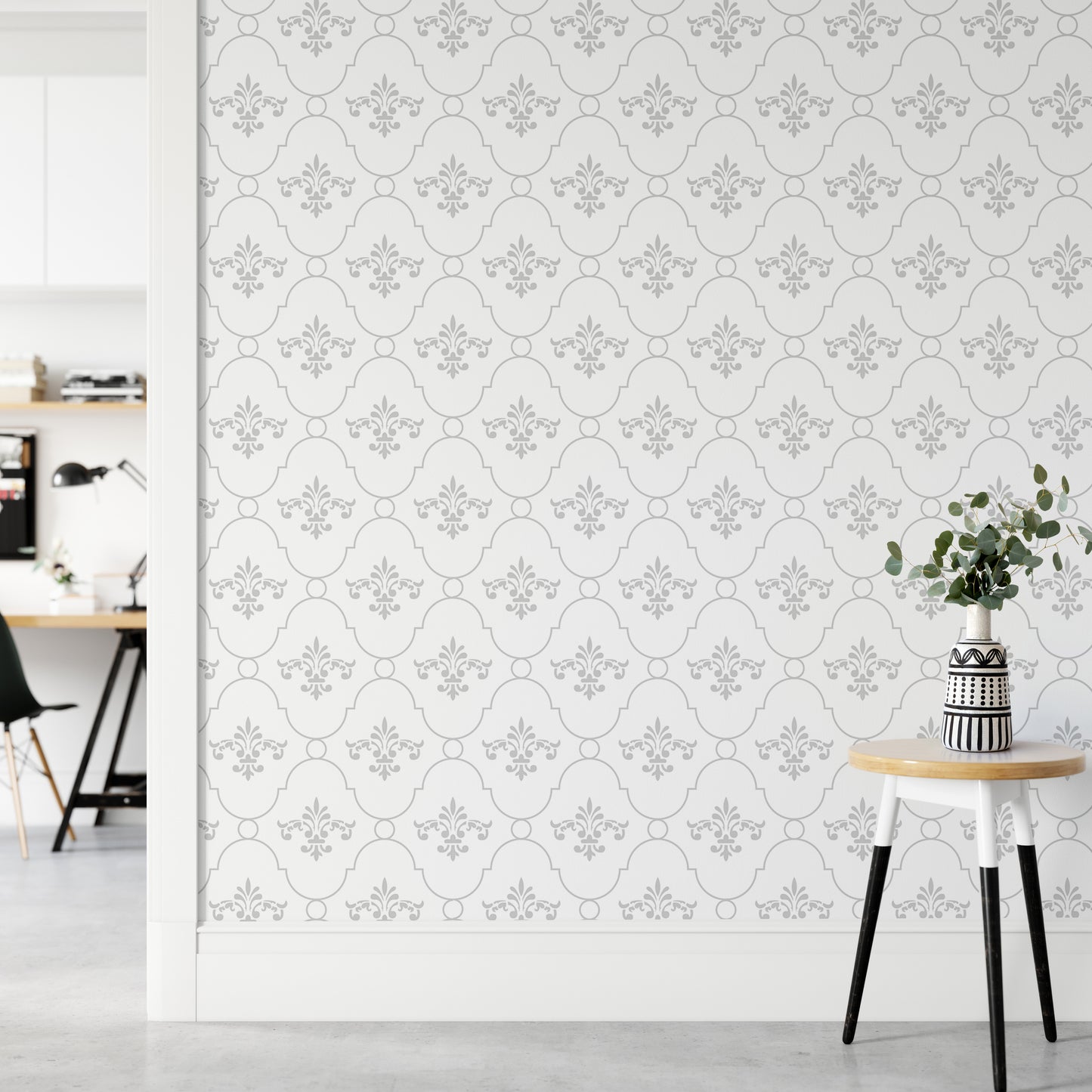 White and Grey Color Vintage Look Damask Wallpaper