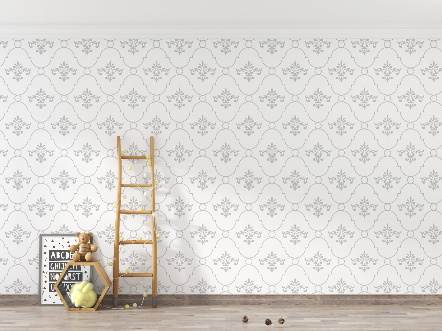 White and Grey Color Vintage Look Damask Wallpaper