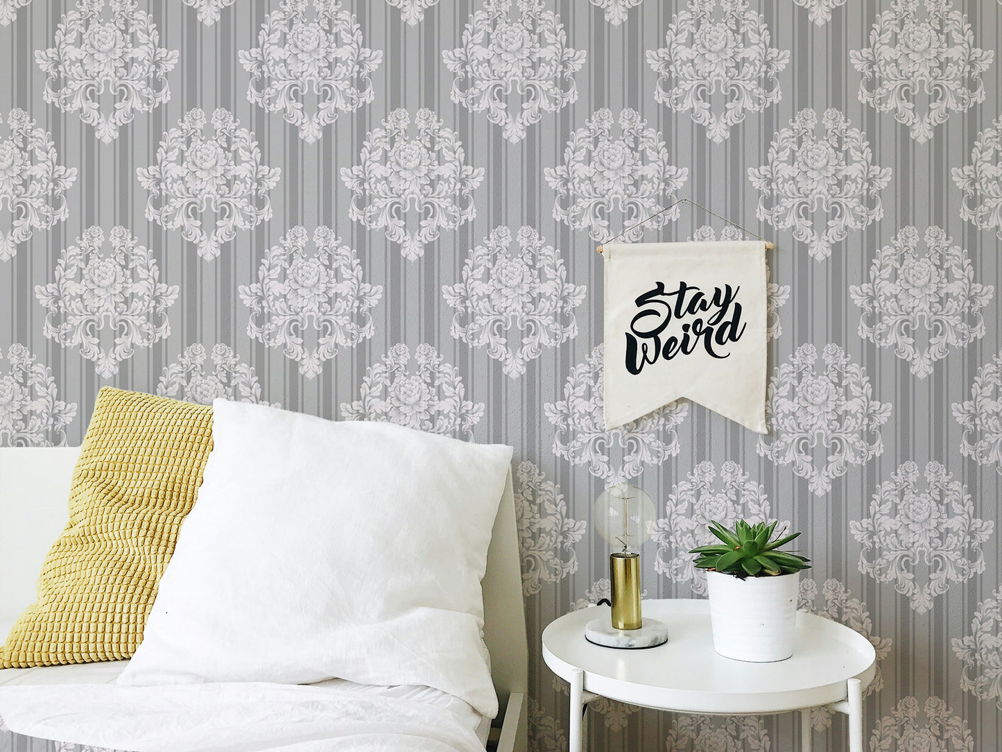 Grey and White Vintage Ornaments Damask Pattern Wallpaper