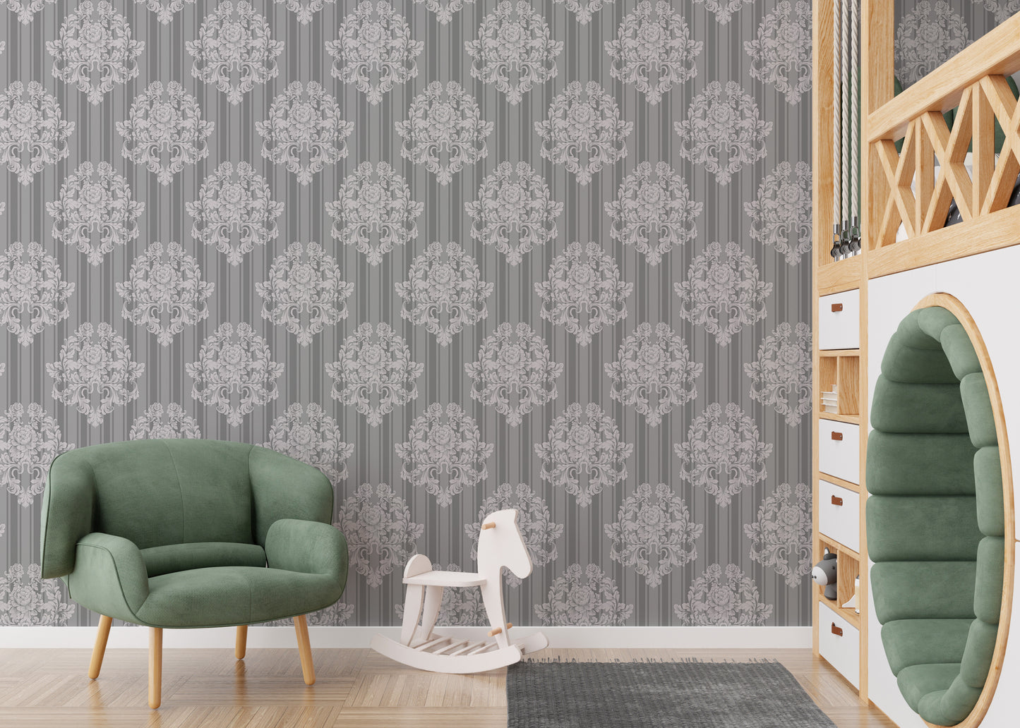Grey and White Vintage Ornaments Damask Pattern Wallpaper