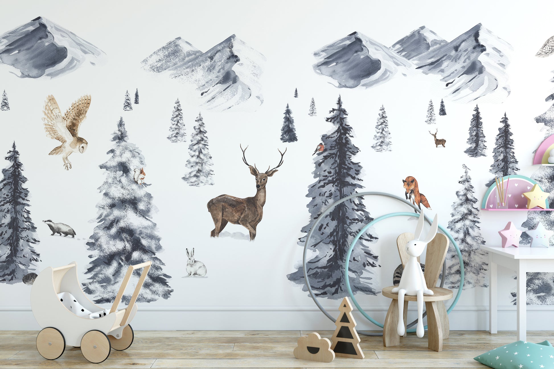 Transform spaces with Winter Wonderland mural wallpaper.

