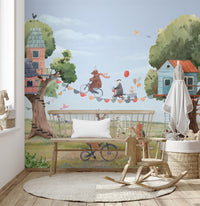 Adorable Treehouse Party mural, perfect for children.
