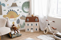 Bright dinosaur landscape mural for homes
