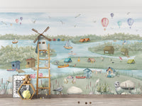Colorful Boathouse Lakeside Wall Mural with vibrant colors