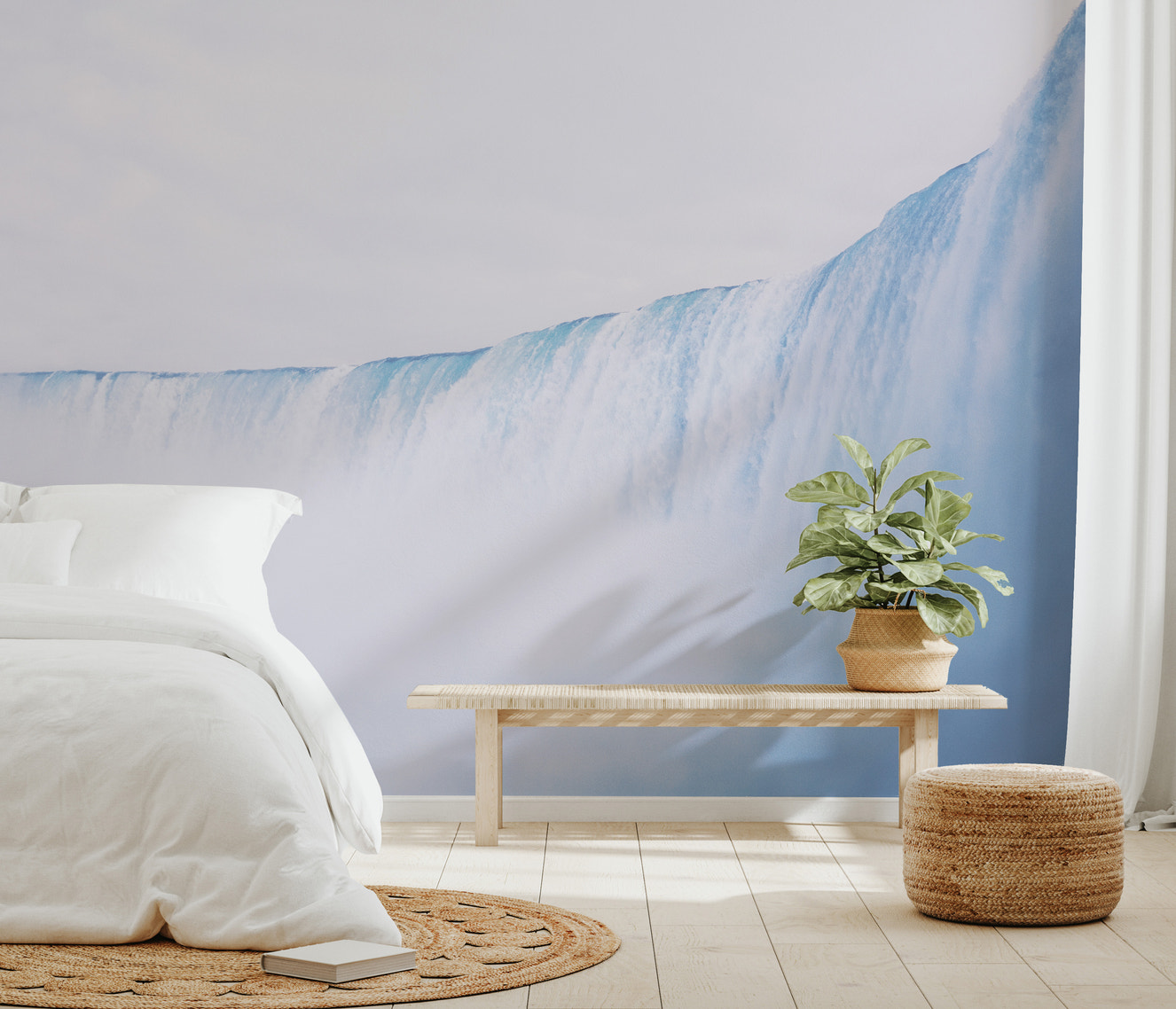 Misty waterfall wall mural with blue water