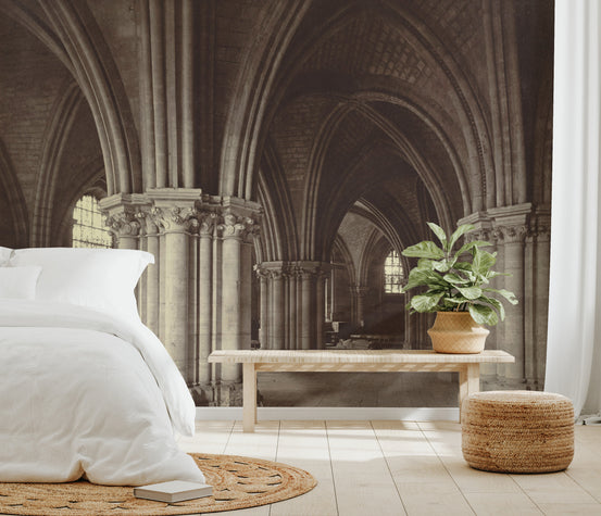 Gothic cathedral crypt mural with ribbed vaults
