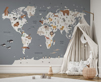 Decorative wall mural with a world map for children
