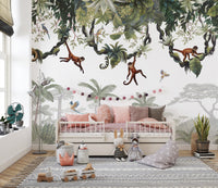 Artistic jungle mural showcasing mischievous monkeys.
