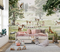 Kids' room wallpaper featuring a vibrant forest theme.
