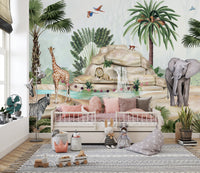 Animals and pond wallpaper with soft watercolor design.
