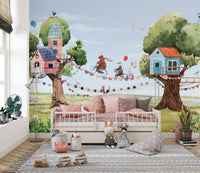 Treehouse Party wallpaper sparks joy in kids' spaces.
